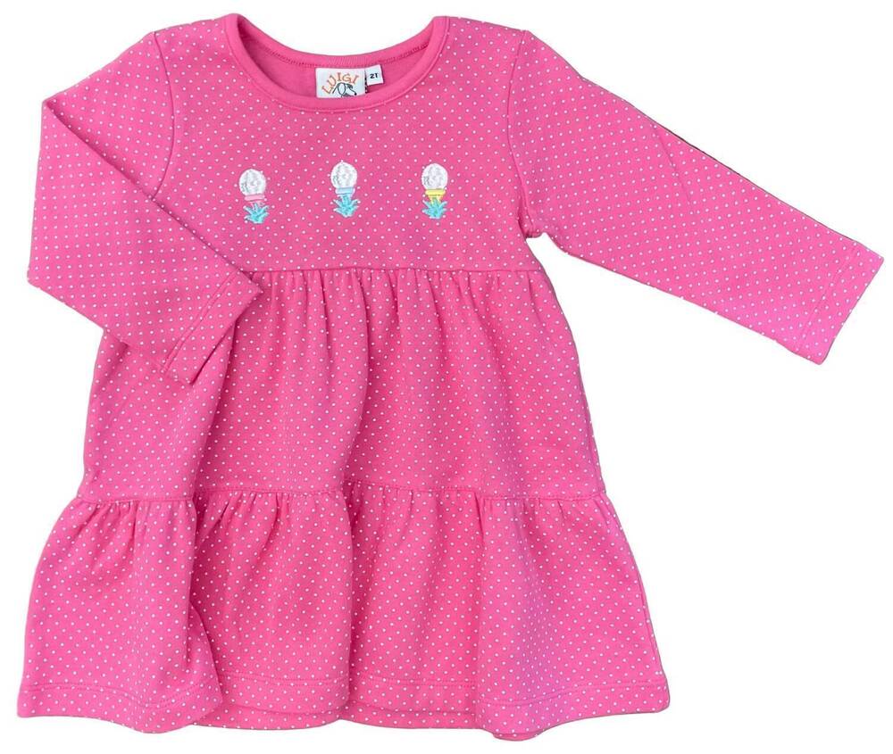 NEW LUIGI KIDS kid's 3 golf balls embroidered tier long sleeve dress in hot pink